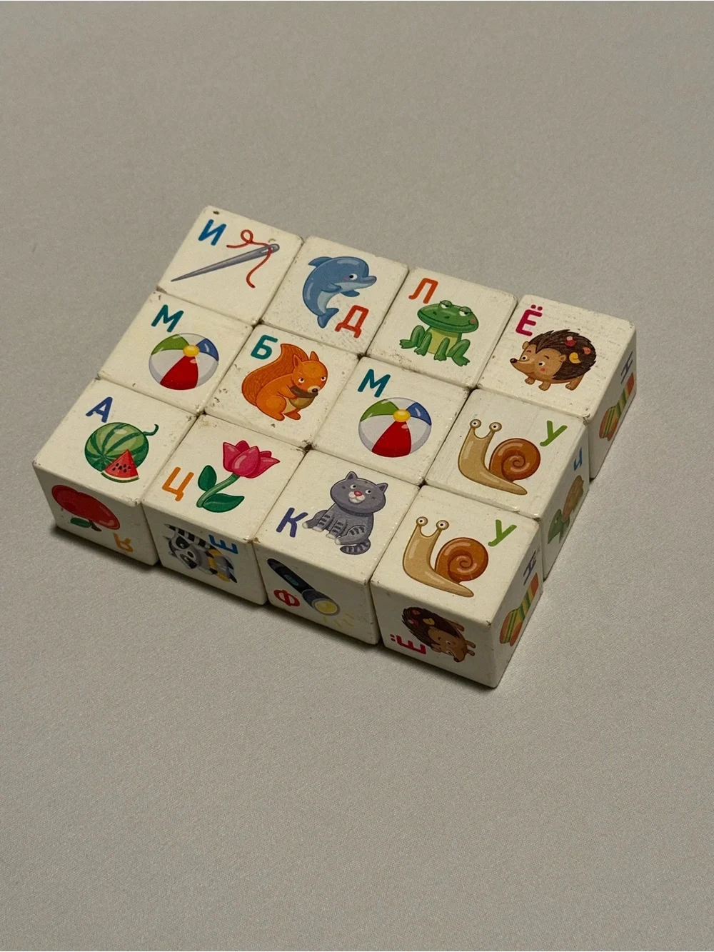 Wooden Russian Alphabet Blocks with Animal & Object Illustrations, 12 count